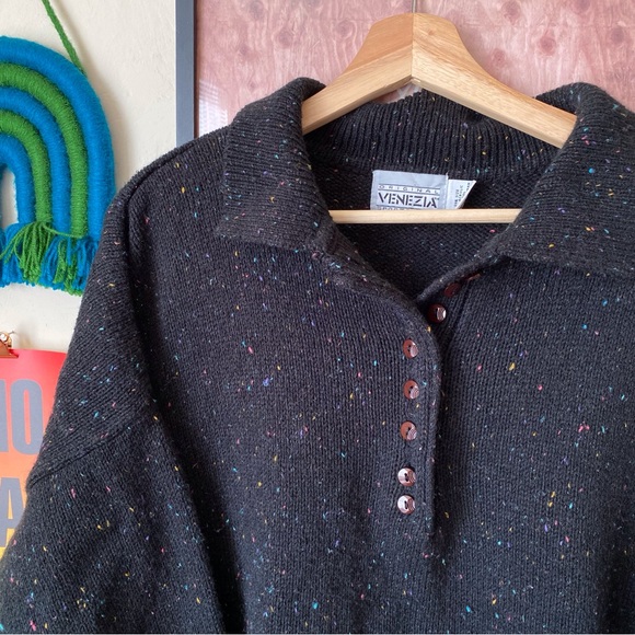Vintage Venezia Black Rainbow Speckled Collared 3/4 Sleeve Sweater One Size - Picture 2 of 5